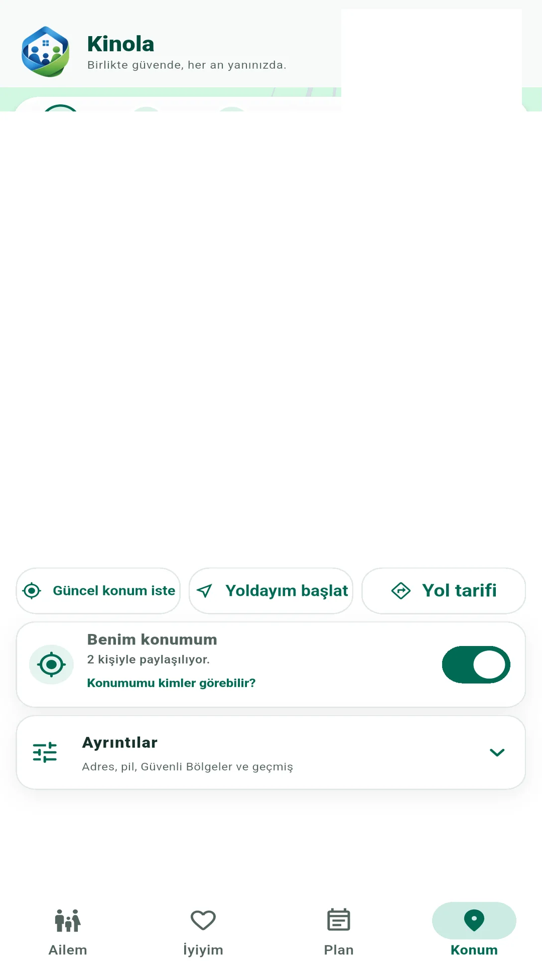 Kinola Konum sekmesinin paylaşım ve konum kontrollerini gösteren gerçek uygulama ekranı
